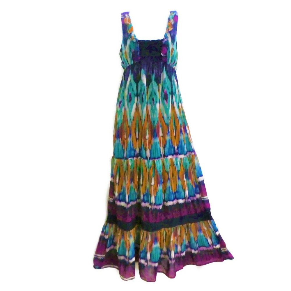 Xhilaration Ikat Dress Maxi Tiered Ruffle Hem Macrame Bust Lined S